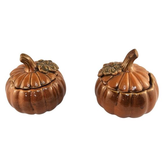 Ceramic Pumpkin Containers Set of 2 Fall Garden Holiday Decor Halloween Accent - Picture 2 of 6